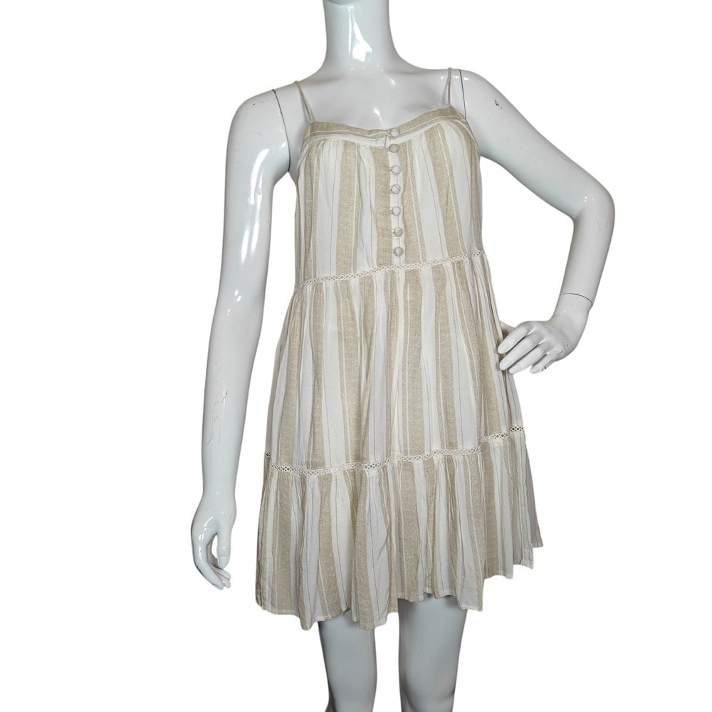 Urban Outfitters Striped Tiered Babydoll‎ Mini Dress Tan White Small S-P Boho